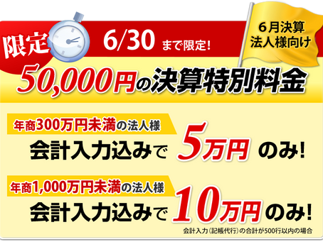6月決算法人様 確定申告 5万円(税抜)残り 1法人様です。