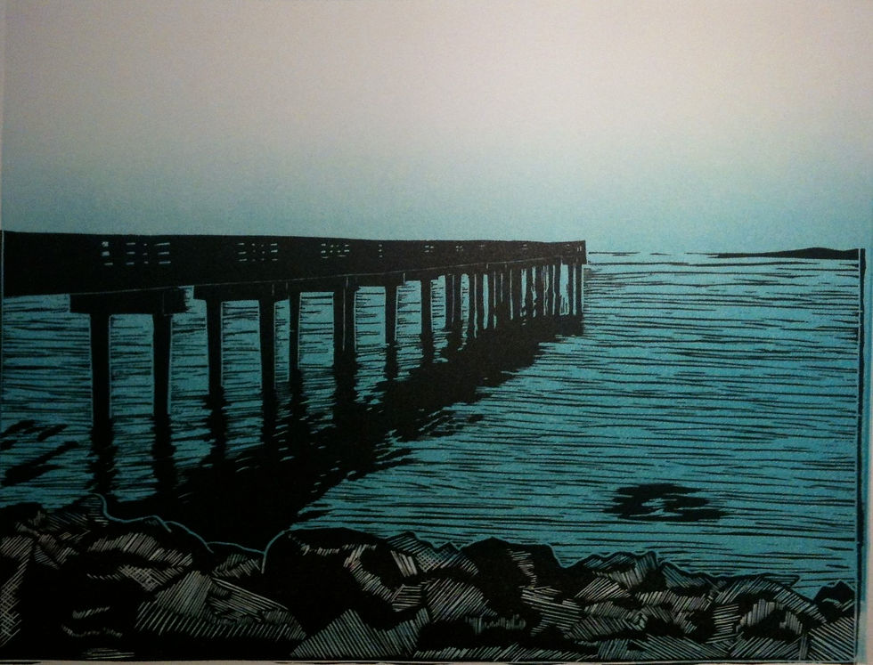 Nathan Yergler, Candlestick Pier, Linocut