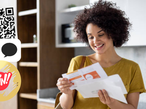 Woman in yellow holding letters, smiling in a kitchen. QR code, speech bubble, and "Win!" badge overlay. Cozy, cheerful atmosphere.