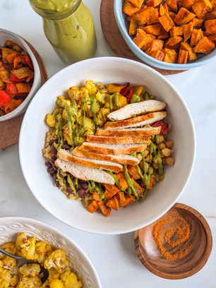 Grilled Chicken and Roasted Veggie Quinoa Power Bowls with Chipotle Green Goddess Dressing