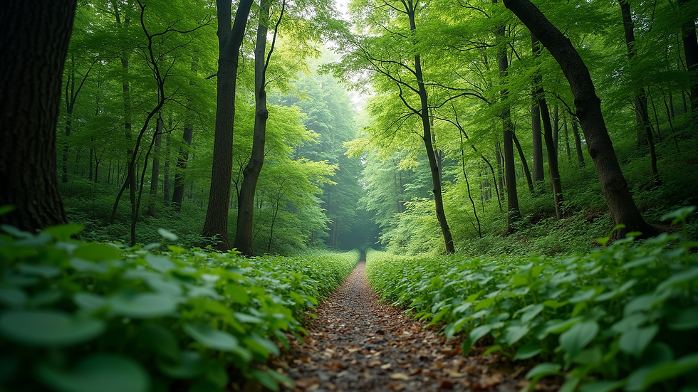 Wide angle view of a lush green forest