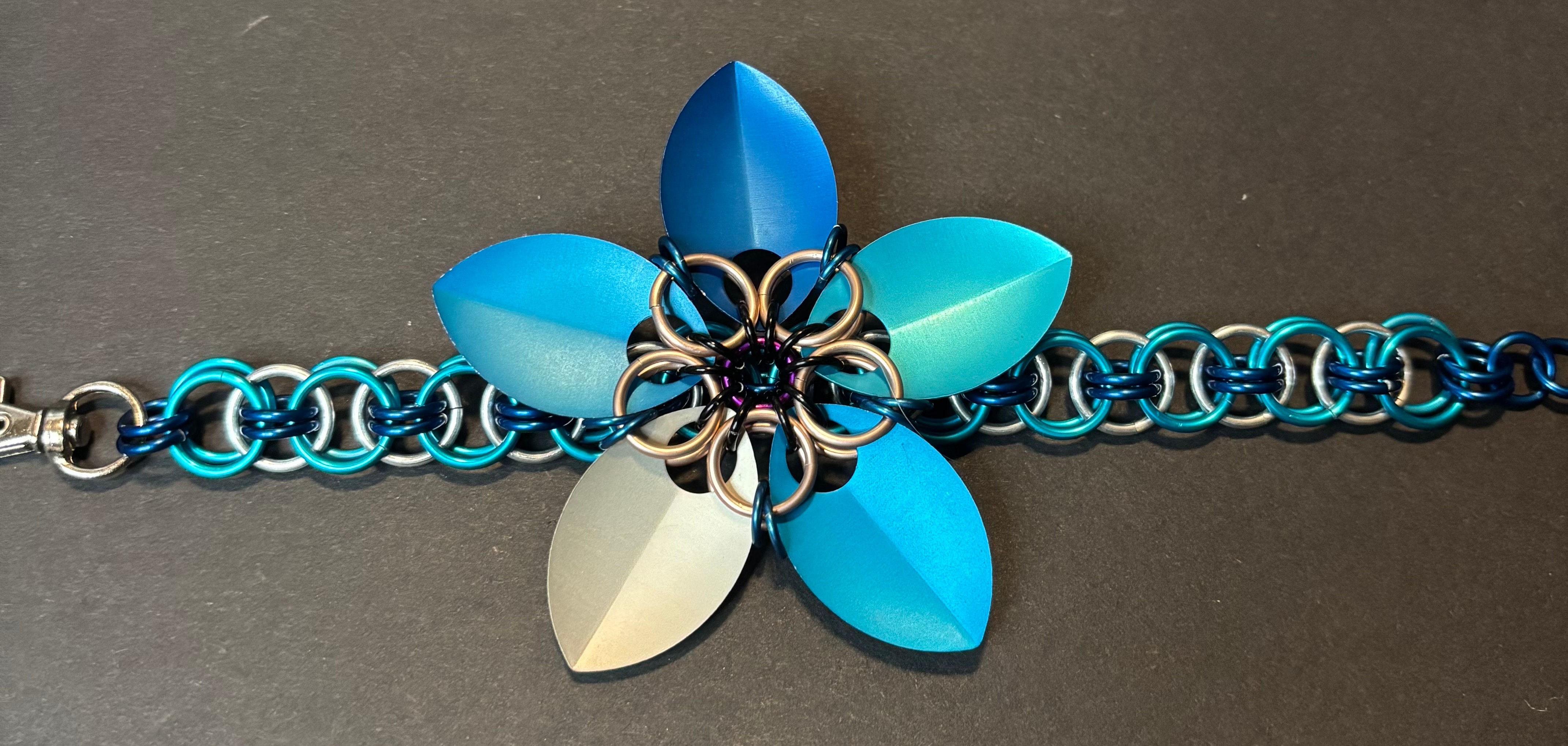 Flower Power Bracelet: blue, turquoise, lapis, Maui blue,  platinum