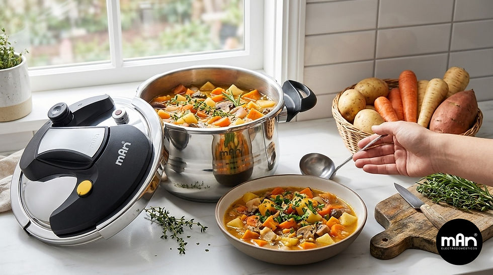 Una cocina moderna con dos licuadoras mAn sobre una barra: una con vaso de vidrio y otra con vaso de plástico. Alrededor hay frutas, verduras y utensilios de cocina para mostrar usos diferentes.