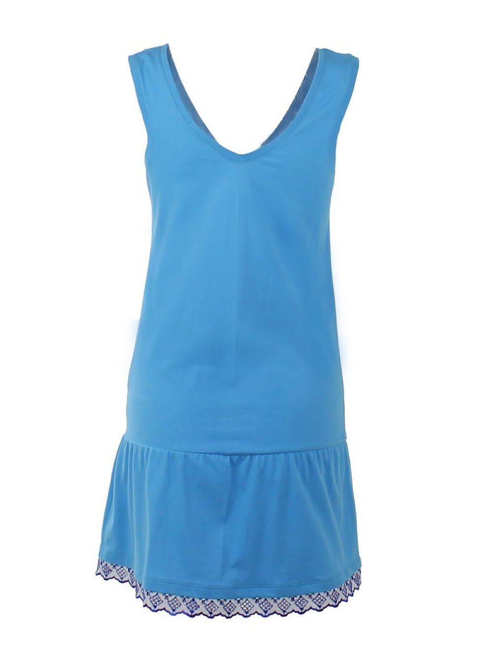 Vestido azul claro, botões frontais, therelli-moda saia babado e finalizado com renda bordada