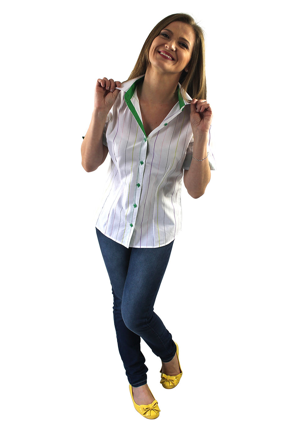 Thumbnail: Modelo usando camisa branca com gola verde, therelli-moda