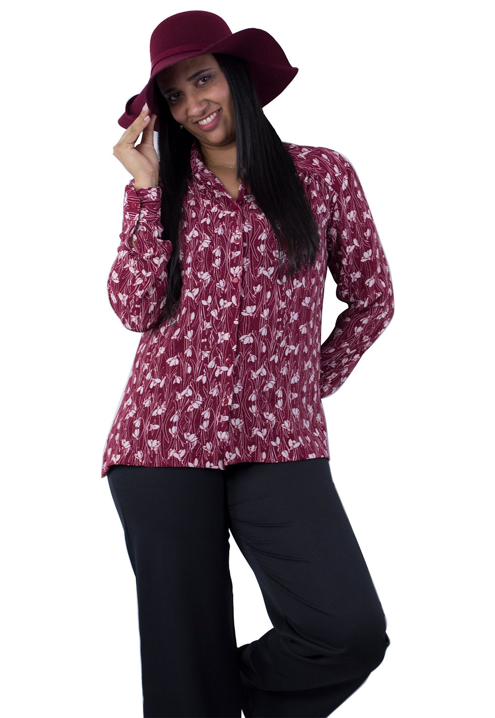 Camisa feminina de cetim vinho com estampa, therelli-moda