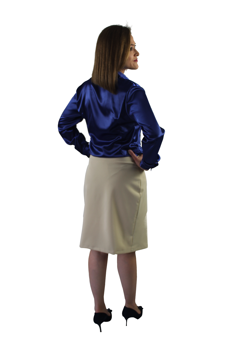 Miniatura: Modelo usando saia bege e blusa azul