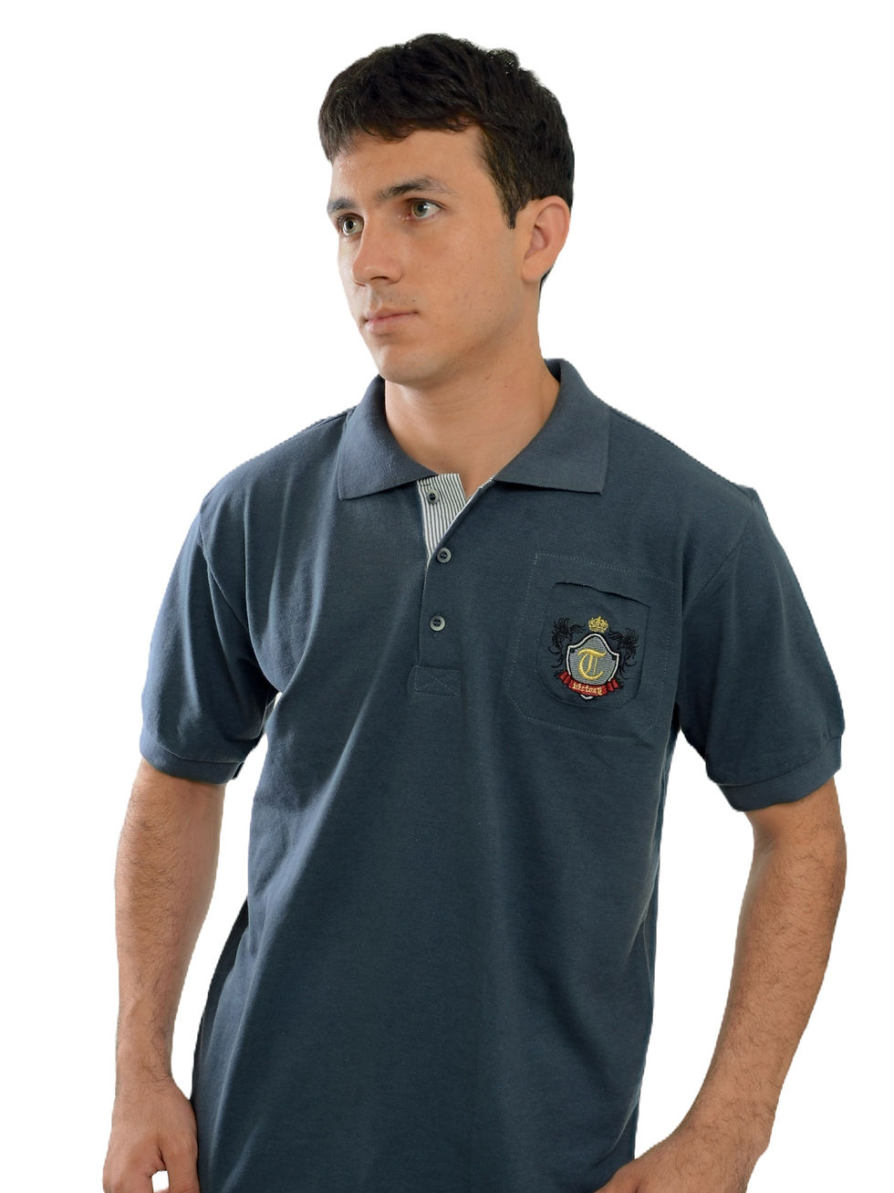 Miniatura: Modelo usando polo cinza escura, bordado no bolso