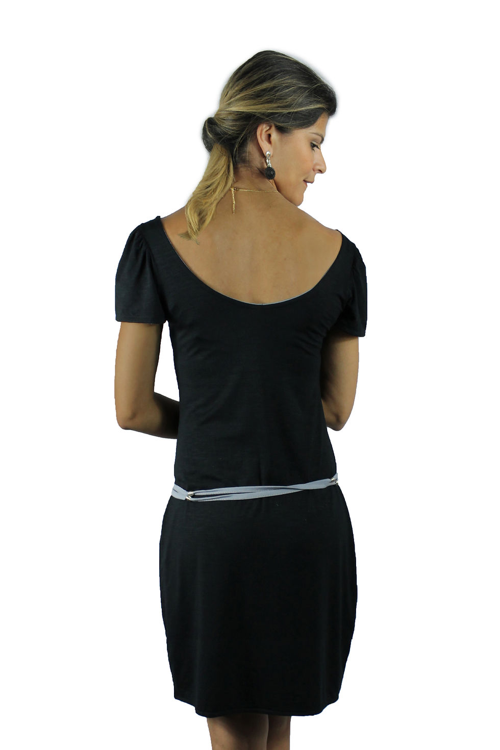 Miniatura: Vestido tubinho de modal preto, detalhe cinta em imbiras e acabamento em latão, therelli-moda