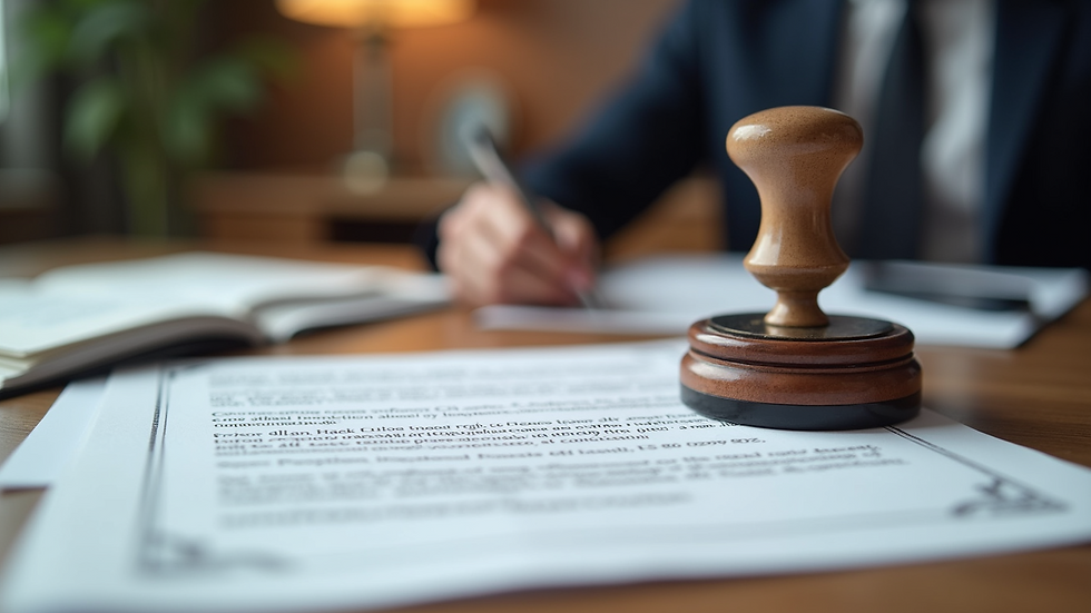 Close-up view of a notary stamp and official documents on a desk