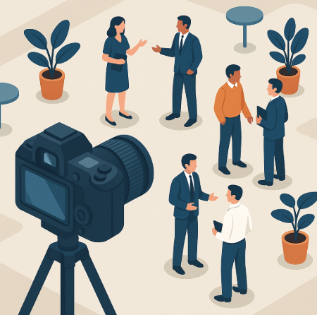 Fotografía profesional captando a asistentes interactuando en un evento corporativo.