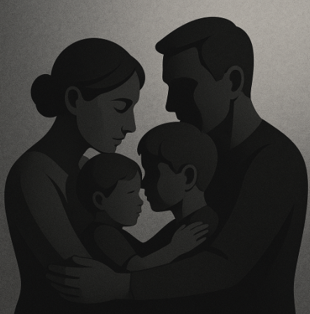 Retrato familiar en blanco y negro mostrando unión y afecto.