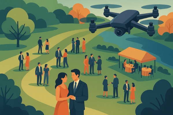 Dron capturando vista panorámica de un evento al aire libre con invitados y entorno.