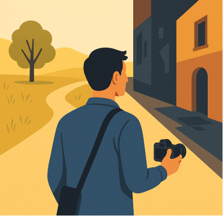 Fotógrafo observando campo abierto y callejón urbano antes de sesión.