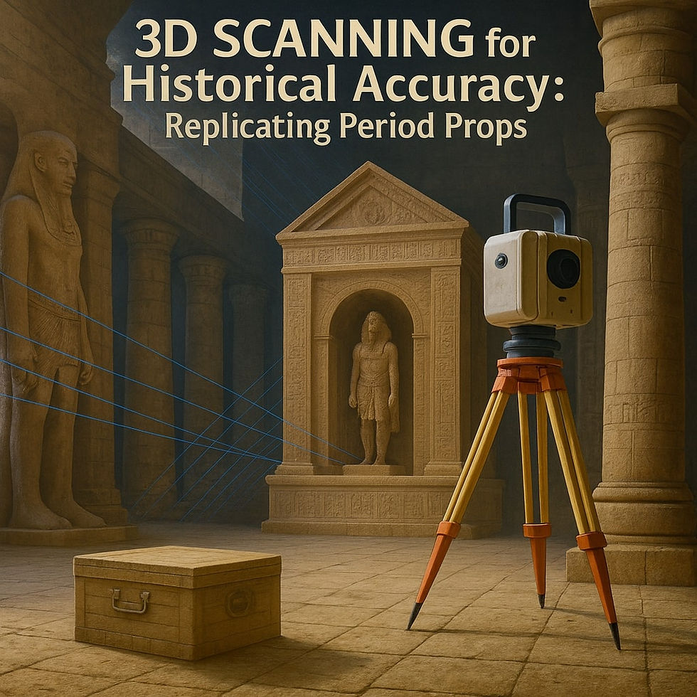 3D scanner mapping ancient Egyptian temple with statues and hieroglyphs