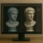 Monitor showing raw wireframe scan and refined 3D model of a classical bust