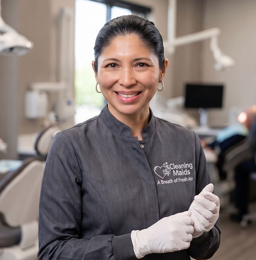Lubia Diaz, founder of Cleaning Maids LLC, wearing a professional grey dental smock and wh