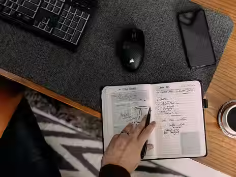 Open planner and notebook on a desk beside coffee and daily planning materials.