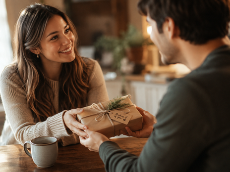 A woman smiles warmly as she hands a simply wrapped gift to another person across a table in a cozy home. They make genuine eye contact, emphasizing the personal connection and thoughtfulness behind the gift rather than its size or cost.