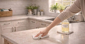 A person wiping down a clean kitchen counter in a bright cozy kitchen, representing simple daily habits and home care.