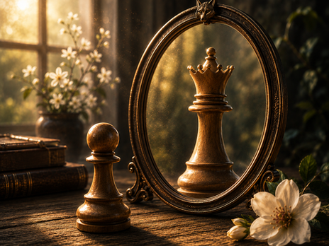 Wooden chess pawn standing before an ornate mirror, with the reflection appearing as a queen. Warm golden light, old books, flowers, and a fox detail on the mirror symbolize growth, self-belief, and personal transformation.