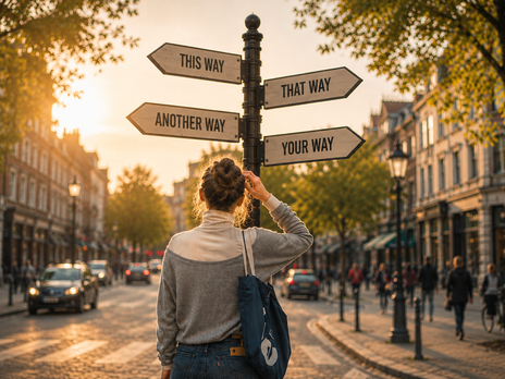 A person stands at a city crossroads at sunset, facing a signpost with multiple directional arrows while people and traffic move around them, symbolizing choice, personal responsibility, and the power to shape one's future.
