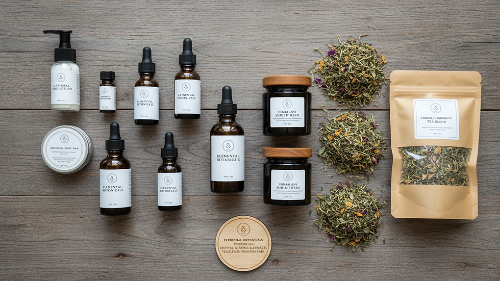 High angle view of essential oil bottles, Himalayan Shilajit resin, and herbal tea leaves on wooden surface