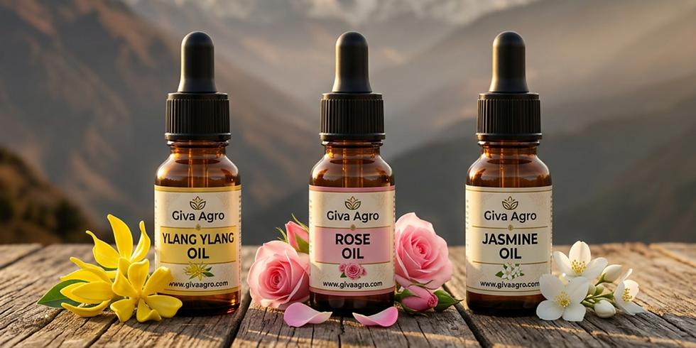 Eye-level view of amber glass bottles filled with essential oils on a wooden shelf