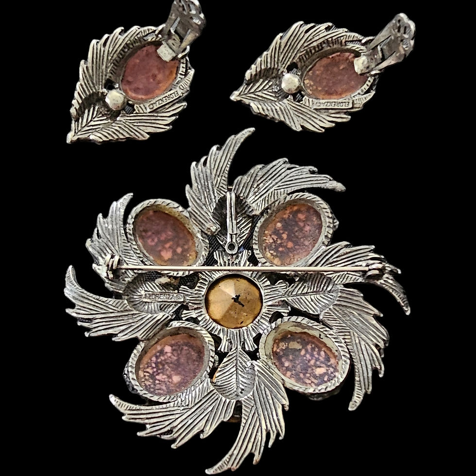 Florenza Foiled Art Glass & Givre Brooch and Earring Set - back view