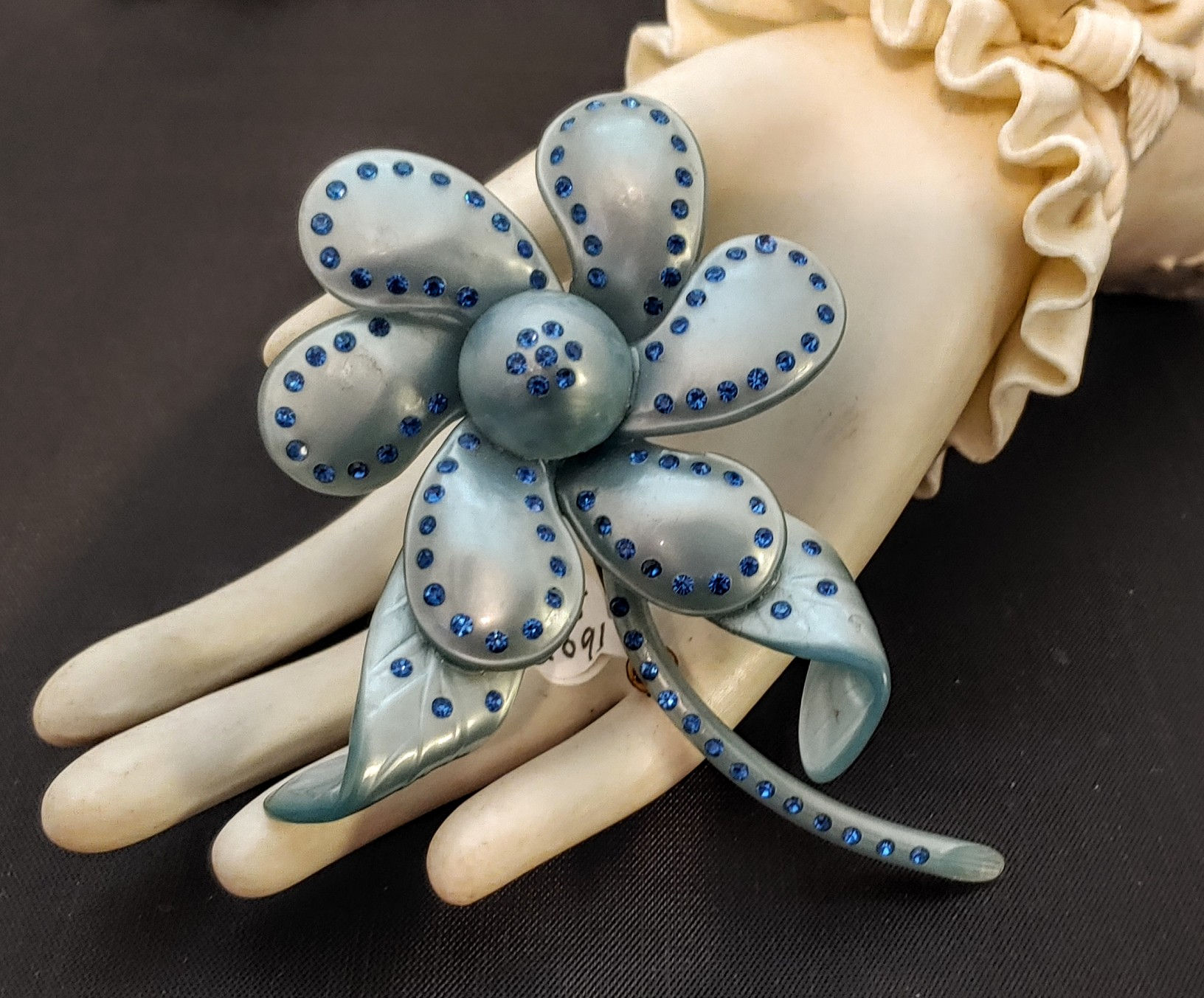 Dimensional Blue Moonglow Celluloid & Rhinestone Flower Pin