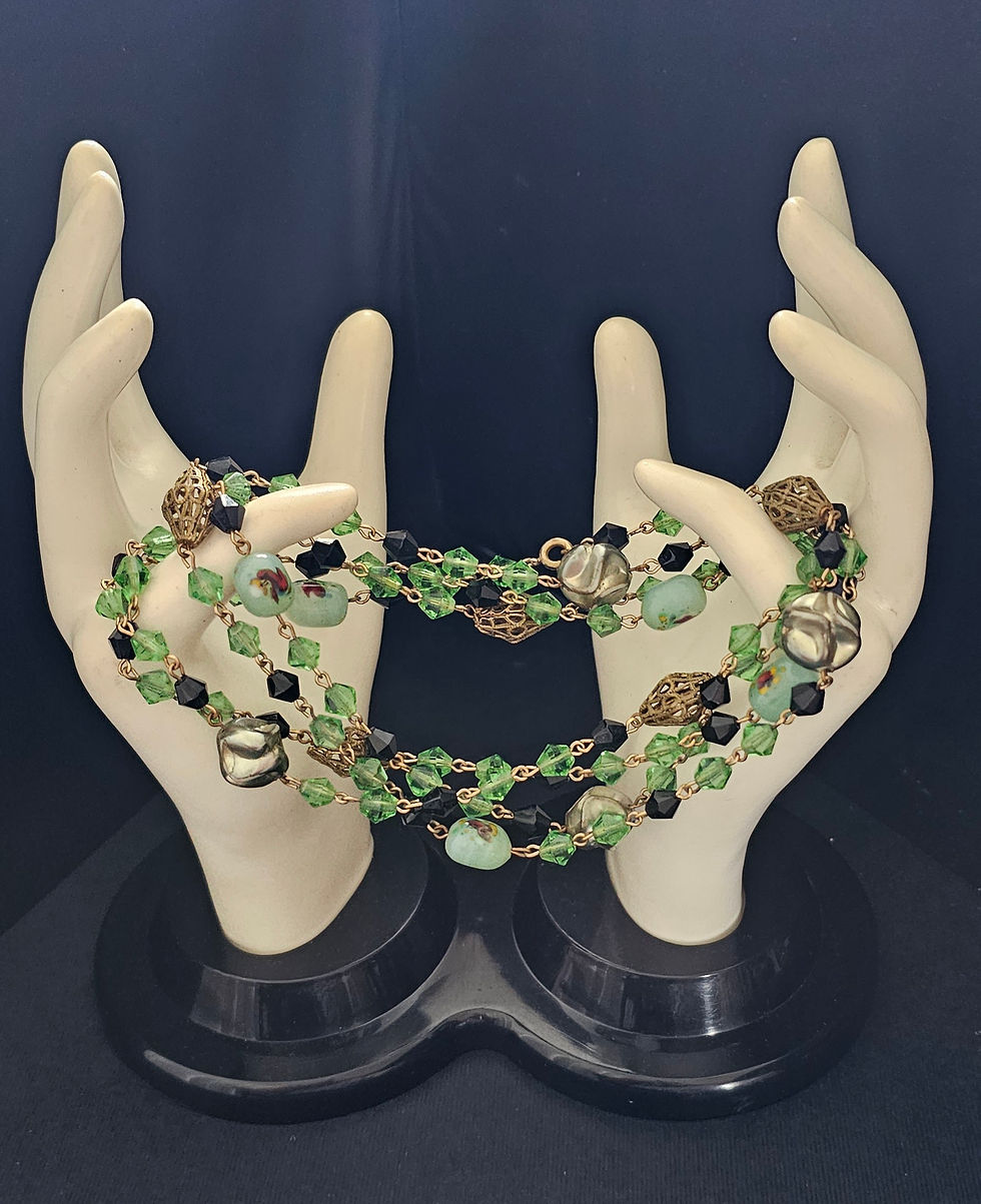 Thumbnail: Czech Art Glass Green & Black Bi-cone Glass Bead Necklace