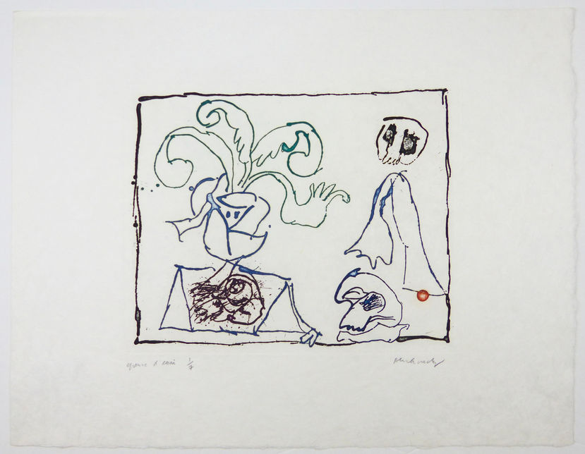 Pierre Alechinsky,
Gravure, eau-forte en couleurs, 
1967, pour le livre de la mort, 
Textes de François Nourissier
 épreuve imprimée sur papier Japon nacré, 
signée et numérotée sur 7 exemplaires.

