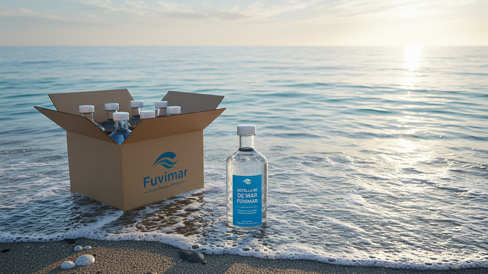 Eye-level view of a delivery box with Fuvimar seawater bottles ready for shipment