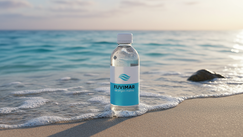 Plano cercano de una botella de agua de mar isotónica con etiqueta clara y transparente