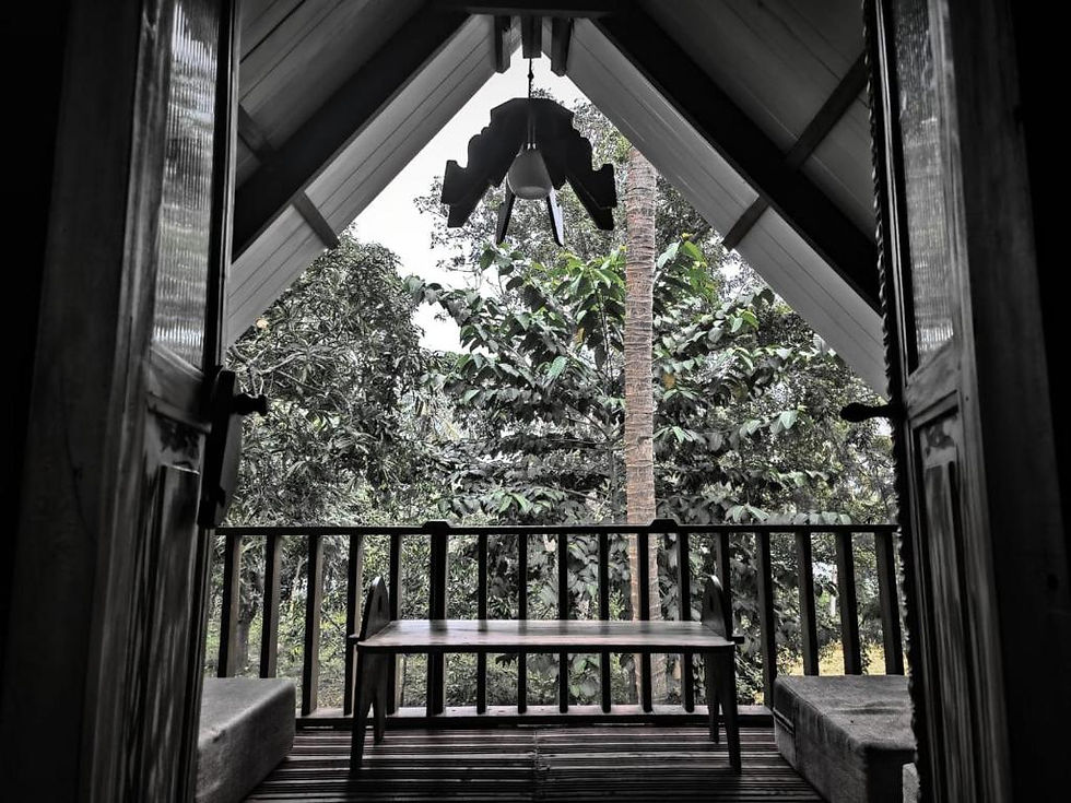 Eye-level view of traditional cottage exterior with greenery