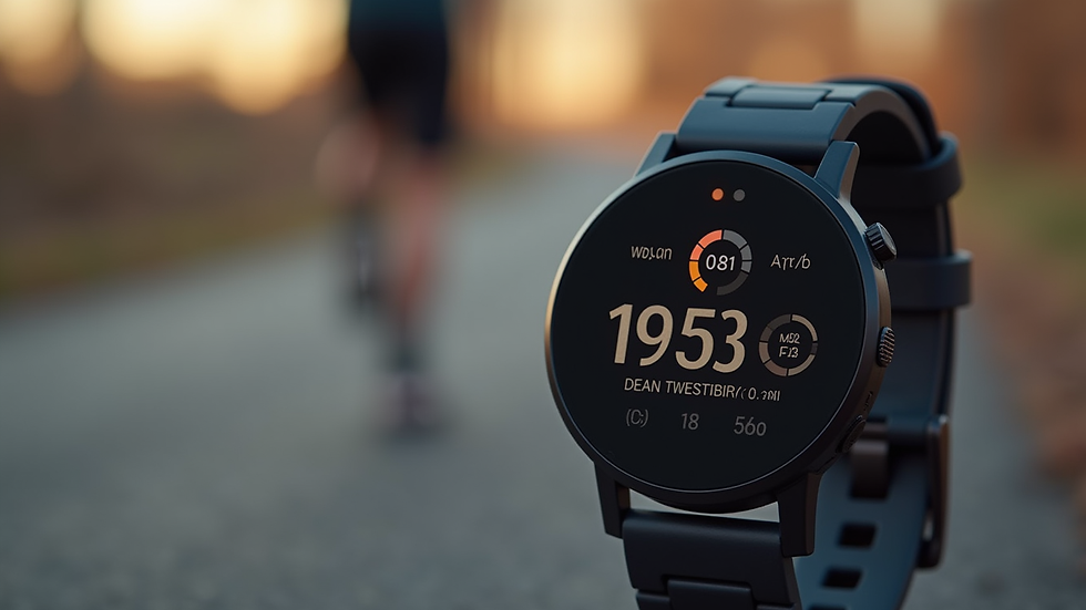 Close-up view of a fitness tracker displaying workout metrics