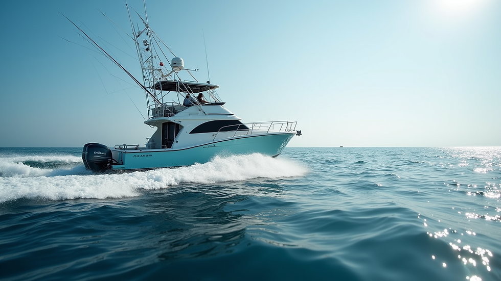 Wide angle view of sportfishing boat on open ocean near Puerto Vallarta