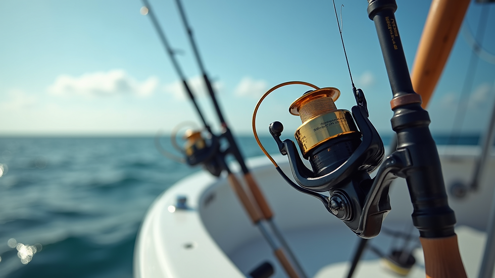 Close-up view of fishing rods and reels on a charter boat deck