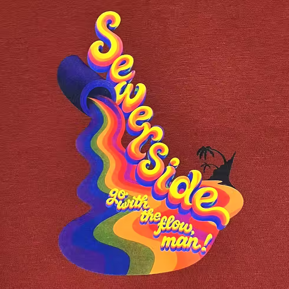 Thumbnail: Psychedelic SEWERSIDE text with multicoloured sewage on small burnt red tee