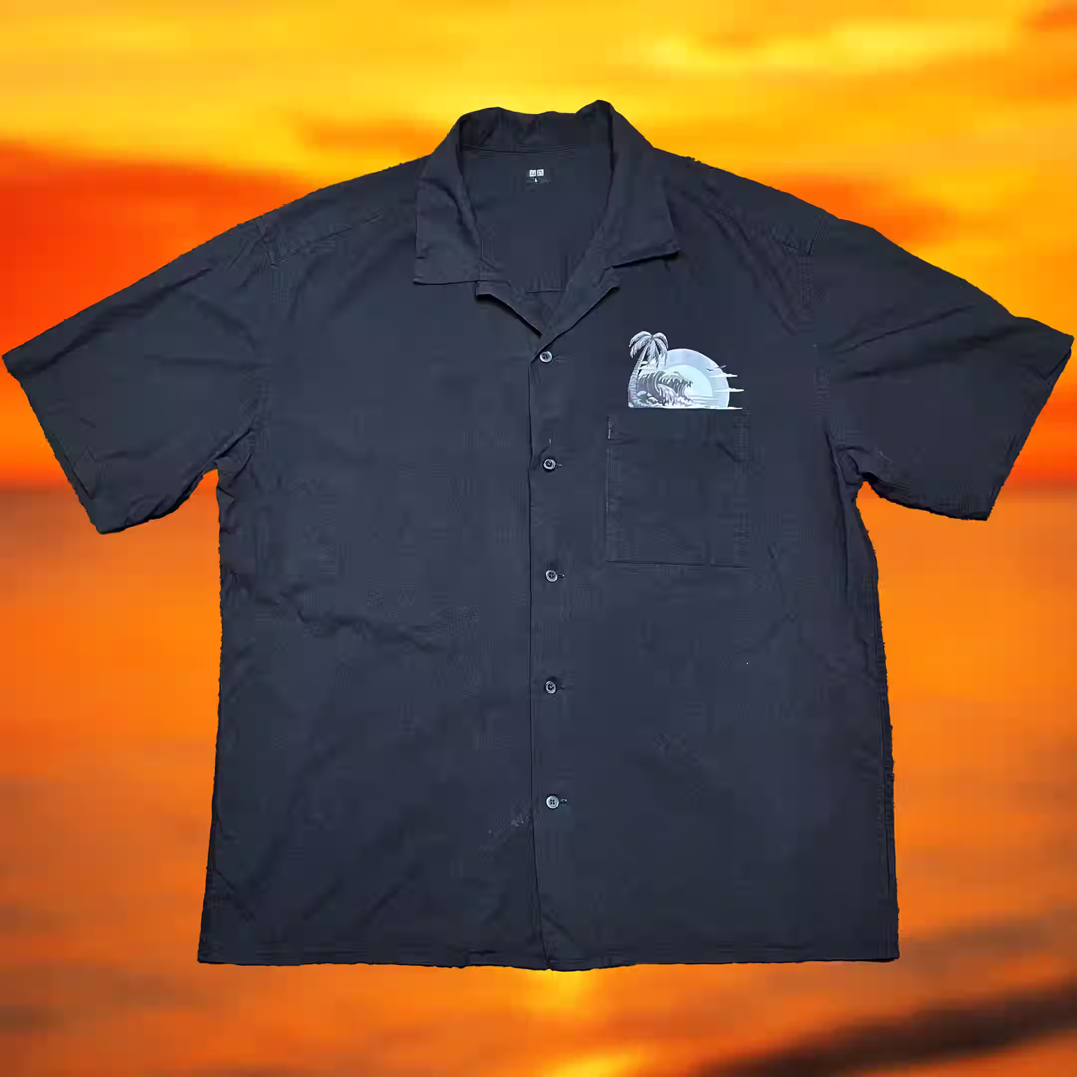 Black cotton button up with front decal and rear text
