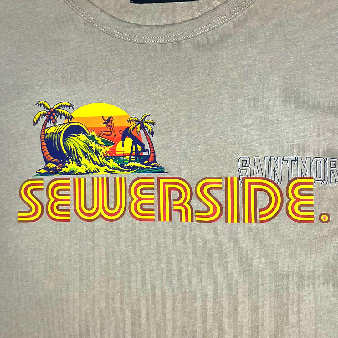 Bold SEWERSIDE text with surfing the pipe graphic, and slogan on back. Small.