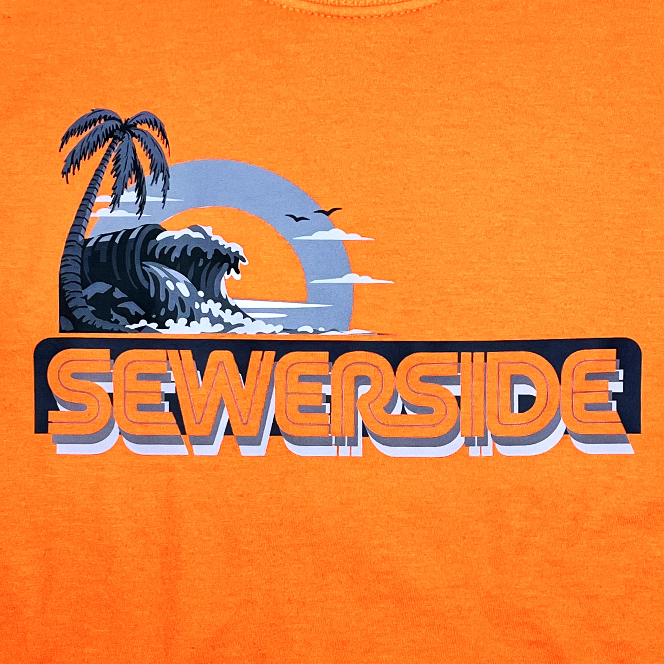 CHROME PIPE ISLAND and CHROME ECHO TEXT on small orange tee