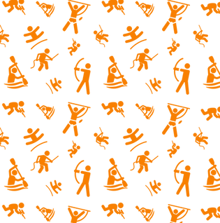 Padrão gráfico de ícones de aventura em tons laranja.