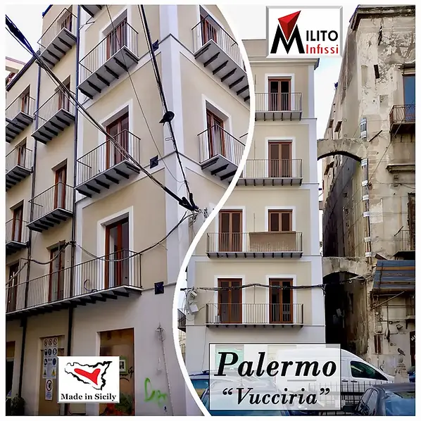 Installazione completa di infissi in legno su misura per un palazzo restaurato nel celebre quartiere storico della Vucciria a Palermo. Nuove porte finestre realizzate da Milito Infissi per integrarsi perfettamente con l'architettura tradizionale del centro urbano.