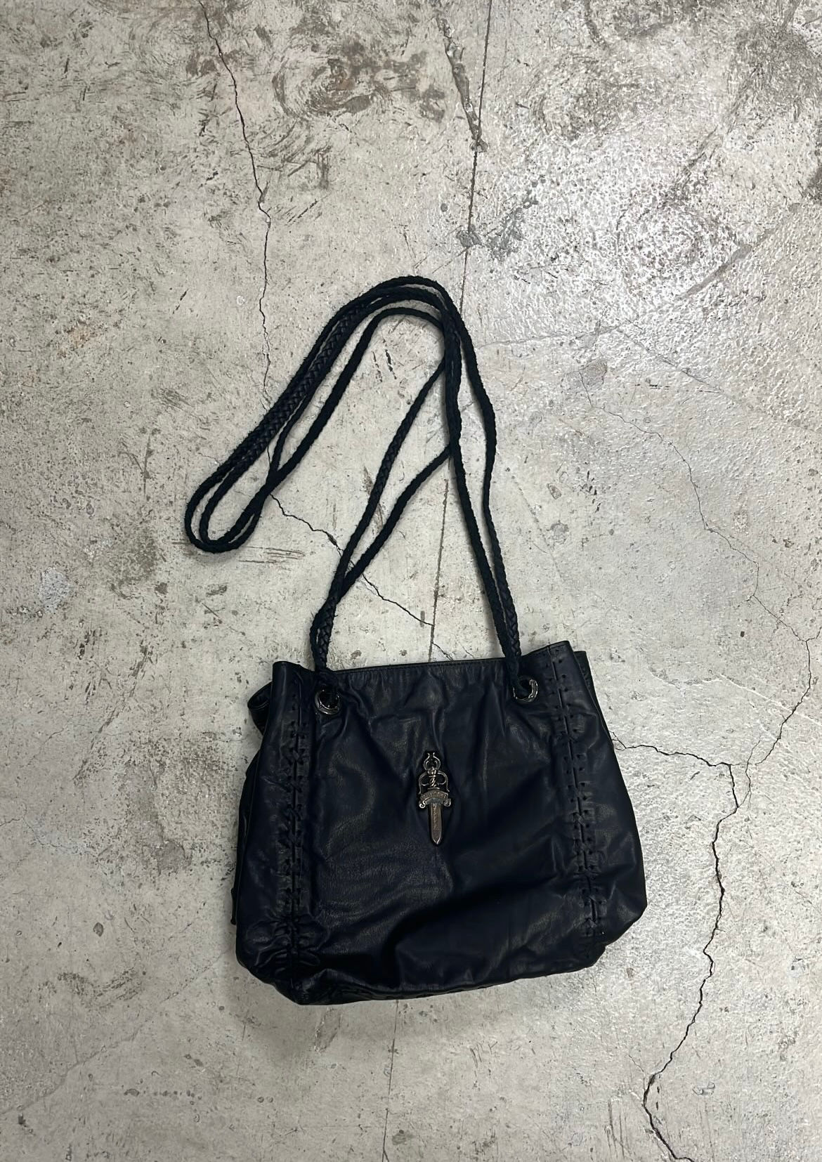 Chrome hearts leather bucket bag with dagger pendant 