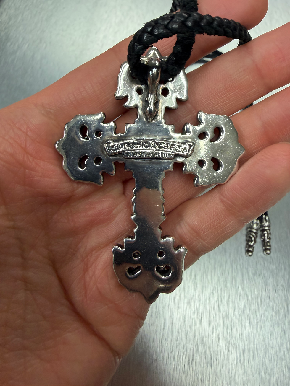 Thumbnail: Chrome hearts large filigree pendant with leather strap 