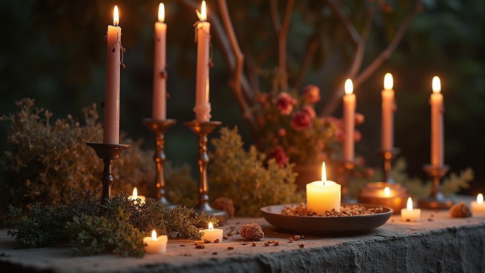 Eye-level view of a witch's altar adorned with candles and herbs