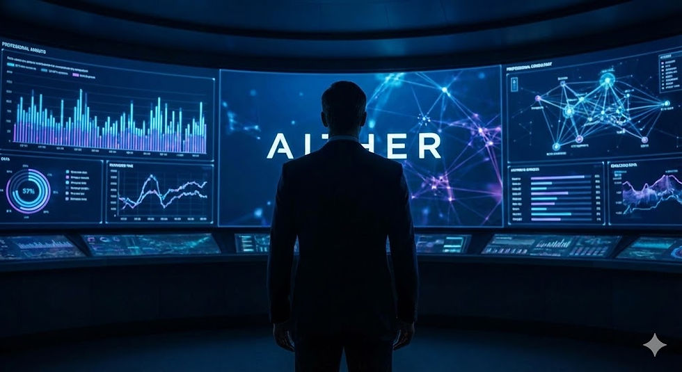 Aither founder analyzing AI Business Strategy and growth data on a digital dashboard.