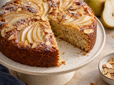 Pear Almond Olive Oil Cake served as a plant-strong recipe from IndigoKoi Wellness, LLC