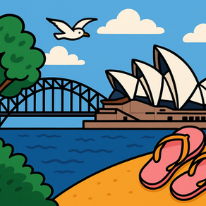 Cartoon of Sydney Opera House, bridge, tree, and seagull. Pink flip-flops on sandy beach. Blue sky with clouds. Vibrant and cheerful.